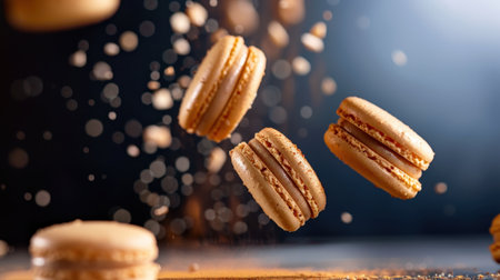 Experience a captivating moment with these floating macarons, showcasing exquisite colors and textures, surrounded by sparkling bokeh lights, embodying dessert elegance.の素材