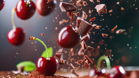 A captivating composition featuring vibrant fresh cherries and flying chocolate pieces. This dynamic scene evokes a sense of indulgence and flavor in culinary art.の素材