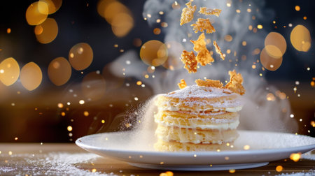 A mouthwatering stack of fluffy pancakes is adorned with a dusting of powdered sugar and scattered golden flakes, creating a delightful scene.の素材
