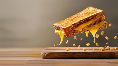 A mouthwatering cheese sandwich hovers above a wooden cutting board, showcasing melted cheese and crispy edges, perfect for food lovers and chefs.の素材