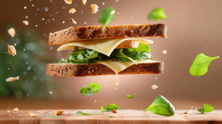 A beautifully crafted sandwich featuring spinach, cheese, and whole grain bread, captured mid-air with fresh ingredients covering a wooden surface.の素材
