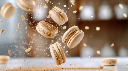 An enchanting capture of macarons suspended in the air, surrounded by scattered nuts. This image conveys a sense of elegance and gourmet allure, perfect for culinary projects.の素材