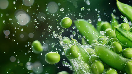 This stunning image captures fresh green peas dramatically splashing in water, showcasing their vibrant color and texture against a blurred bokeh background.の素材