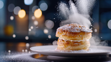 A delectable stack of fluffy pastries dusted with powdered sugar sits elegantly on a plate, surrounded by a soft, glowing bokeh in the background.の素材