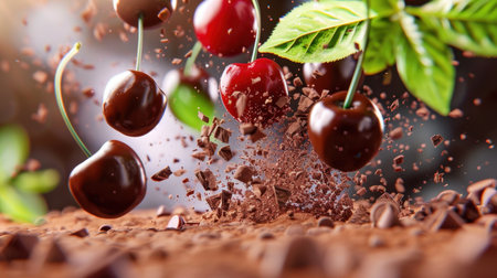 A stunning visual of fresh cherries splashing through rich chocolate, with cocoa powder bursting around them. The vibrant colors invite indulgence in a delicious treat.の素材