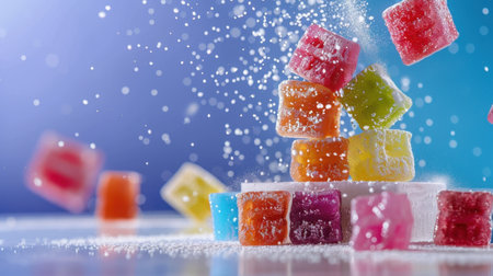 A playful scene featuring colorful candy cubes tumbling through a fine dusting of sugar against a vibrant blue backdrop, capturing the essence of sweetness and fun.の素材