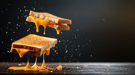 A visually striking image of a melted cheese sandwich suspended in mid-air, capturing the vibrant orange colors against a dark background, showcasing cheese dripping from golden toast.の素材