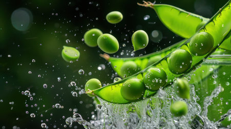 This captivating image features fresh green peas splashing in water, surrounded by a blurred green background. The vibrant colors and dynamic action of droplets highlight the essence of freshness and healthy eating. Perfect for a culinary or nutrition-related theme.の素材