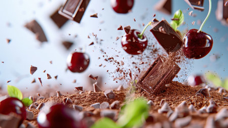 This vibrant image showcases an explosion of chocolate and cherries with flying chunks, set against a textured cocoa background, highlighting indulgence.の素材