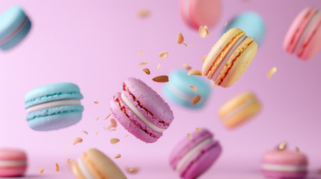 A delightful arrangement of colorful macarons floating in mid-air, surrounded by scattered almonds, creating a playful and vibrant scene against a soft pink background.の素材