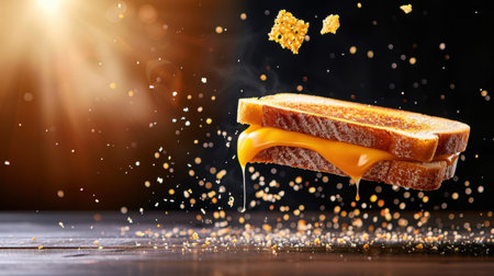 A captivating image of a melting cheese sandwich hovering mid-air, enhanced by golden crumbs and soft light, creating an enticing culinary scene.の素材