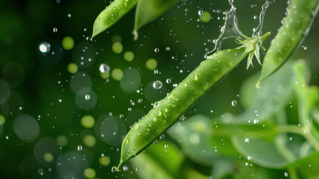 A close-up view of fresh green pea pods glistening with water droplets, set against a vibrant natural background. This image captures the essence of healthy eating and organic gardening.の素材