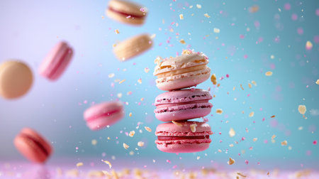 This enchanting image showcases a stack of colorful macarons surrounded by sprinkles, set against a soft pastel background. Perfect for food photography.の素材
