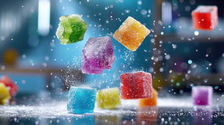 A captivating scene featuring colorful gelatin cubes suspended in the air, surrounded by a fine sprinkle of sugar on a bright blue background.の素材