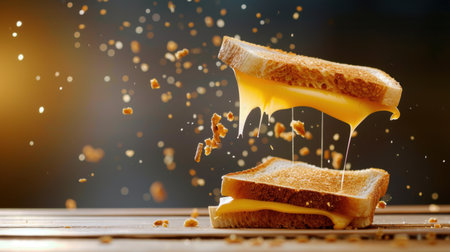 A visually captivating shot of a classic cheese sandwich in mid-air, showcasing the gooey, melting cheese and crunchy golden bread. Perfect for food enthusiasts.の素材