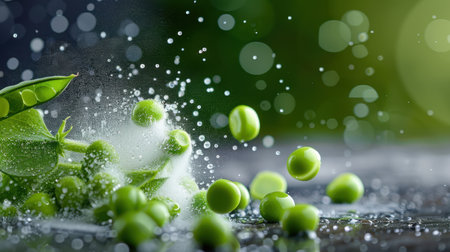 This vibrant image captures fresh green peas splashing into water, showcasing the beauty of nature with a soft bokeh effect. Ideal for food and health themes.の素材