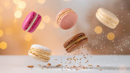 Vibrant macarons float gracefully in mid-air against a dreamy blurred backdrop. The image captures the elegance and allure of these delightful desserts.の素材