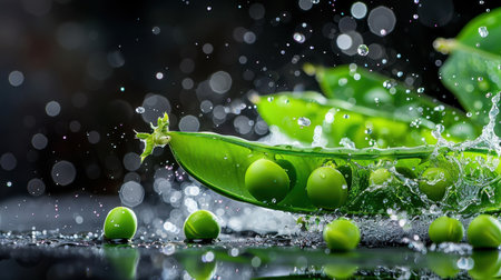 A stunning close-up of fresh green peas splashing in water against a background of vibrant leaves, showcasing nature's beauty and freshness in culinary contexts.の素材