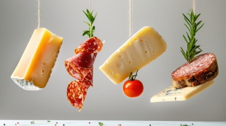 A visually striking arrangement of assorted cheeses and cured meats suspended with fresh herbs, creating an artful presentation for culinary enthusiasts.の素材