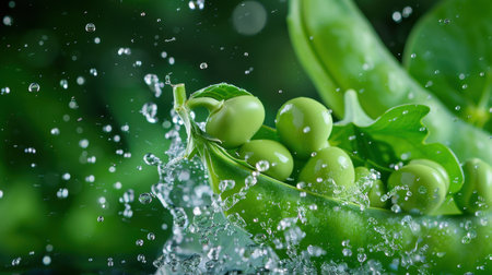 A captivating close-up of fresh green peas splashing in water, highlighting the lush details and vibrant colors of nature's produce against a blurred background.の素材