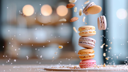 An artistic image showcasing vibrant macarons suspended in mid-air, surrounded by a playful scattering of nuts and sugars in a cozy cafe ambiance.の素材
