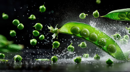 Dynamic image of fresh green peas bursting from their pod, creating a lively splash with water against a dark background, perfect for culinary themes.の素材