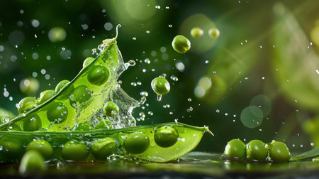 A captivating image featuring fresh green peas splashing from their pod, surrounded by water droplets and a blurred green background, highlighting freshness.の素材