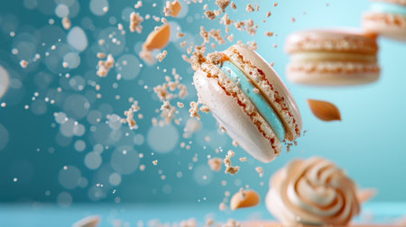 Delight in this captivating image of colorful macarons floating amidst sprinkled crumbs, set against a soft, blurred turquoise background, perfect for dessert lovers.の素材