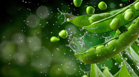 A dynamic image showcasing fresh green peas splashing from their pod, surrounded by water drops against a blurred green background, emphasizing freshness.の素材