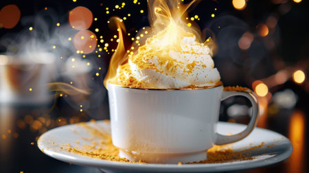 A cozy and inviting scene featuring a creamy hot beverage topped with fluffy whipped cream and a sprinkle of spices, illuminated by golden sparkles.の素材