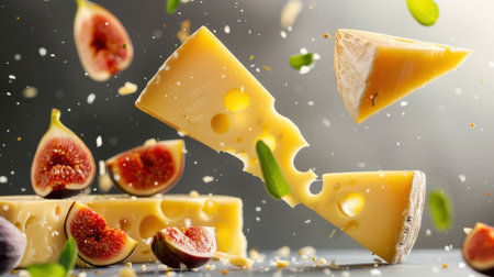 A stunning arrangement of cheese and fresh figs captured mid-air, showcasing vibrant colors and textures, perfect for food photography and culinary art.の素材
