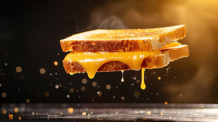 A mouthwatering image of two slices of golden toasted bread with melted cheese oozing out. The dramatic lighting and soft focus background enhance the appetizing appeal of this classic comfort food.の素材