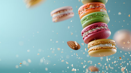 Experience the delightful scene of colorful macarons gracefully floating with almonds and sprinkles. This artistic image captures a whimsical dessert aesthetic, ideal for food lovers and culinary enthusiasts.の素材