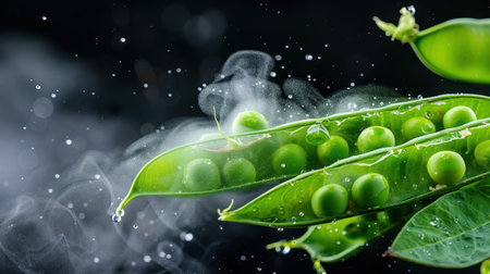 Experience the freshness of green peas in a pod, captured with water drops and steam for a vibrant, culinary-inspired image. Perfect for food photography.の素材