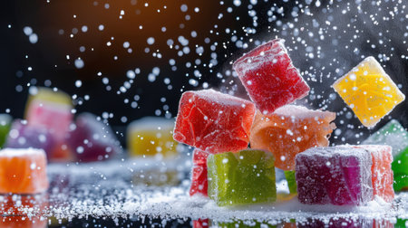A vibrant display of colorful candy cubes covered in a dusting of sugar, creating a delightful sight for candy lovers and sweet enthusiasts.の素材