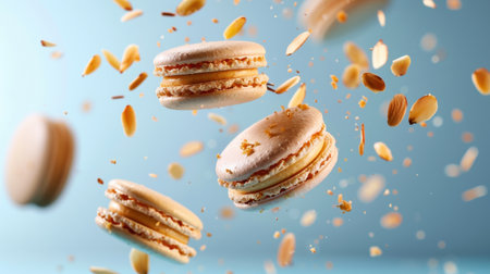 Experience the allure of these floating macarons surrounded by almond flakes, creating a whimsical and vibrant dessert scene on a soft blue background.の素材