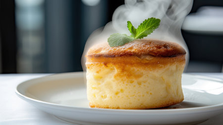 A freshly made fluffy Japanese souffle pancake rising with steam, garnished with a mint leaf. Perfect for breakfast or dessert, showcasing culinary art.の素材