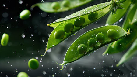 This macro shot features vibrant green peas in their pods, surrounded by glistening water droplets against a dark background. It highlights freshness and organic appeal.の素材