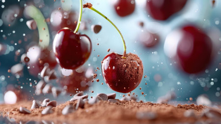 This image features fresh cherries gracefully suspended above a bed of cocoa powder, capturing the vibrant colors and textures perfect for culinary art displays.の素材