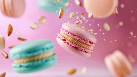 Capture the essence of gourmet indulgence with this vibrant image of floating macarons in pastel shades, surrounded by almond pieces against a soft pink backdrop.の素材