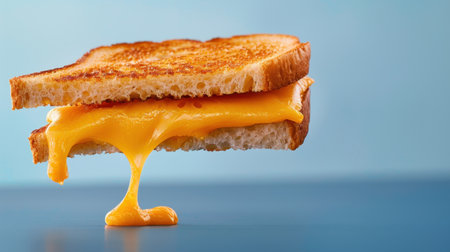 A delectable golden grilled cheese sandwich with gooey melted cheese oozing out, captured against a vibrant blue backdrop to emphasize its comfort food appeal.の素材