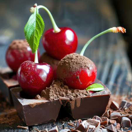 A vibrant arrangement of fresh red cherries on dark chocolate, sprinkled with cocoa powder and garnished with mint leaves, perfect for dessert displays.の素材