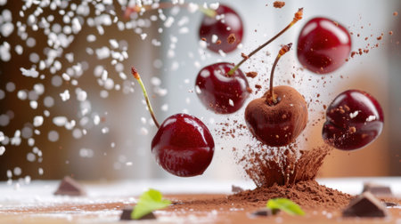 A dynamic scene showcasing vibrant cherries surrounded by cocoa powder and a sprinkle of sugar, creating an enticing food art display perfect for dessert recipes.の素材