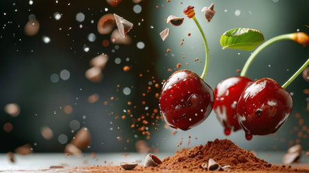 A stunning visual of fresh cherries descending into rich chocolate powder, creating a playful splash of cocoa elements that highlights texture and flavor.の素材