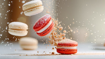 A visually stunning display of colorful macarons floating in mid-air, dusted with powdered sugar and surrounded by crushed nuts, highlighting gourmet luxury.の素材