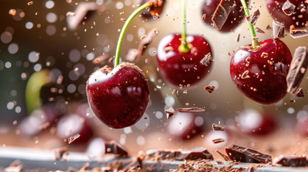 A stunning visual of fresh cherries burst from a background of dark chocolate splinters, capturing the essence of indulgent desserts and vibrant flavors.の素材