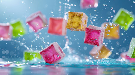 A stunning image capturing colorful ice cubes splashing in water, creating dynamic reflections and bubbles, evoking a sense of refreshment and fun.の素材