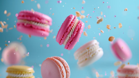 A captivating display of colorful French macarons floating in the air, surrounded by colorful sprinkles, perfect for bakery and dessert themes.の素材