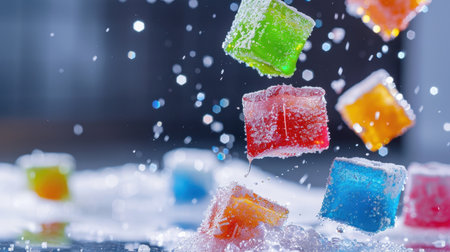 A dynamic scene of colorful ice cubes splashing into water, ideal for summer beverage concepts. The vibrant colors and refreshing look evoke joy and celebration.の素材