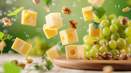 Discover a captivating composition of fresh cheese cubes floating amidst vibrant grapes and walnuts, showcasing deliciousness and freshness in food photography.の素材